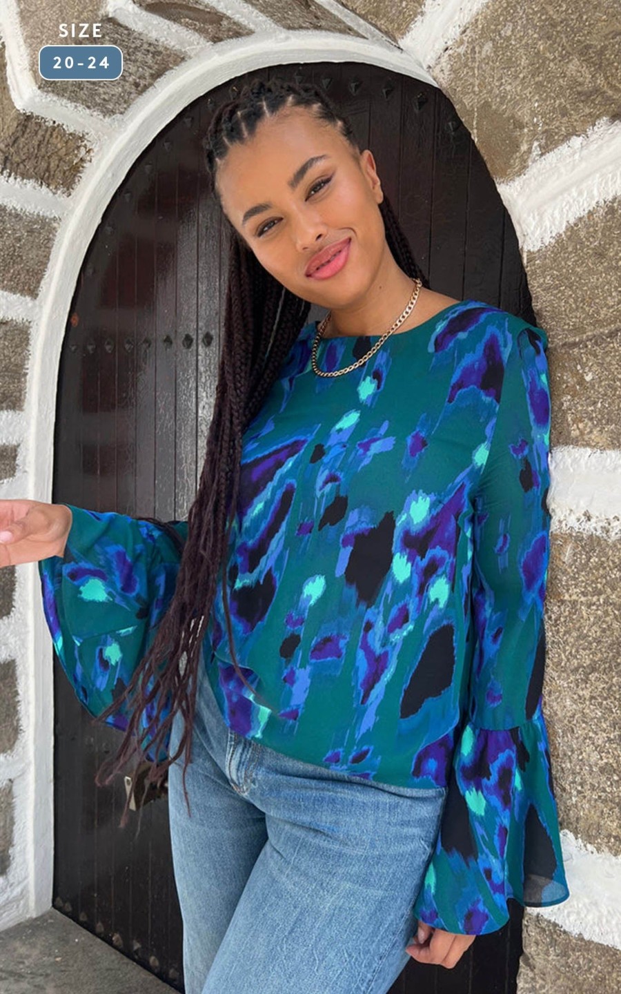 Dancing Leopard Suvi Flare Sleeve Top In Camo Abstract Blue On Green- Extended Sizing