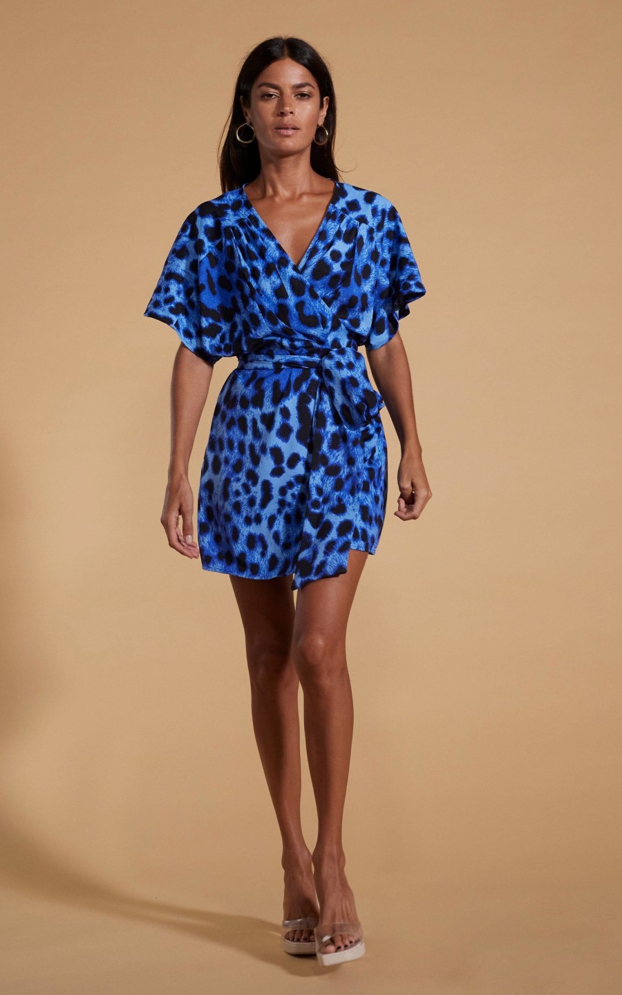 Dancing Leopard Kansas Mini Wrap Dress In Bright Blue Leopard