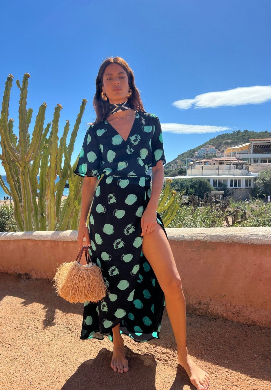 Dancing Leopard Jenna Maxi Dress In Green On Black Dot