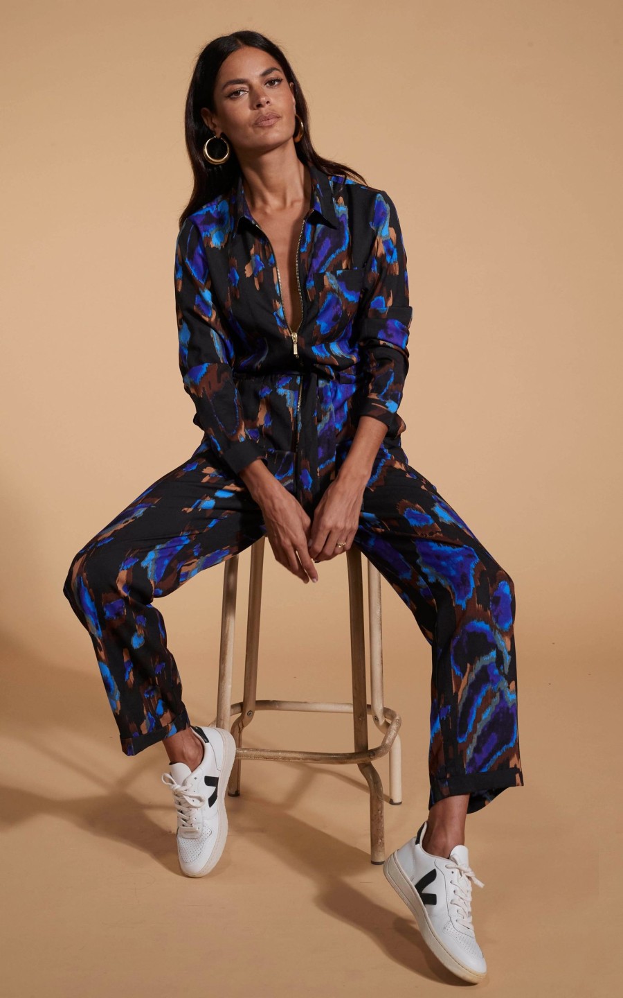 Dancing Leopard Roxanna Zip Jumpsuit In Camo Abstract Blue On Black