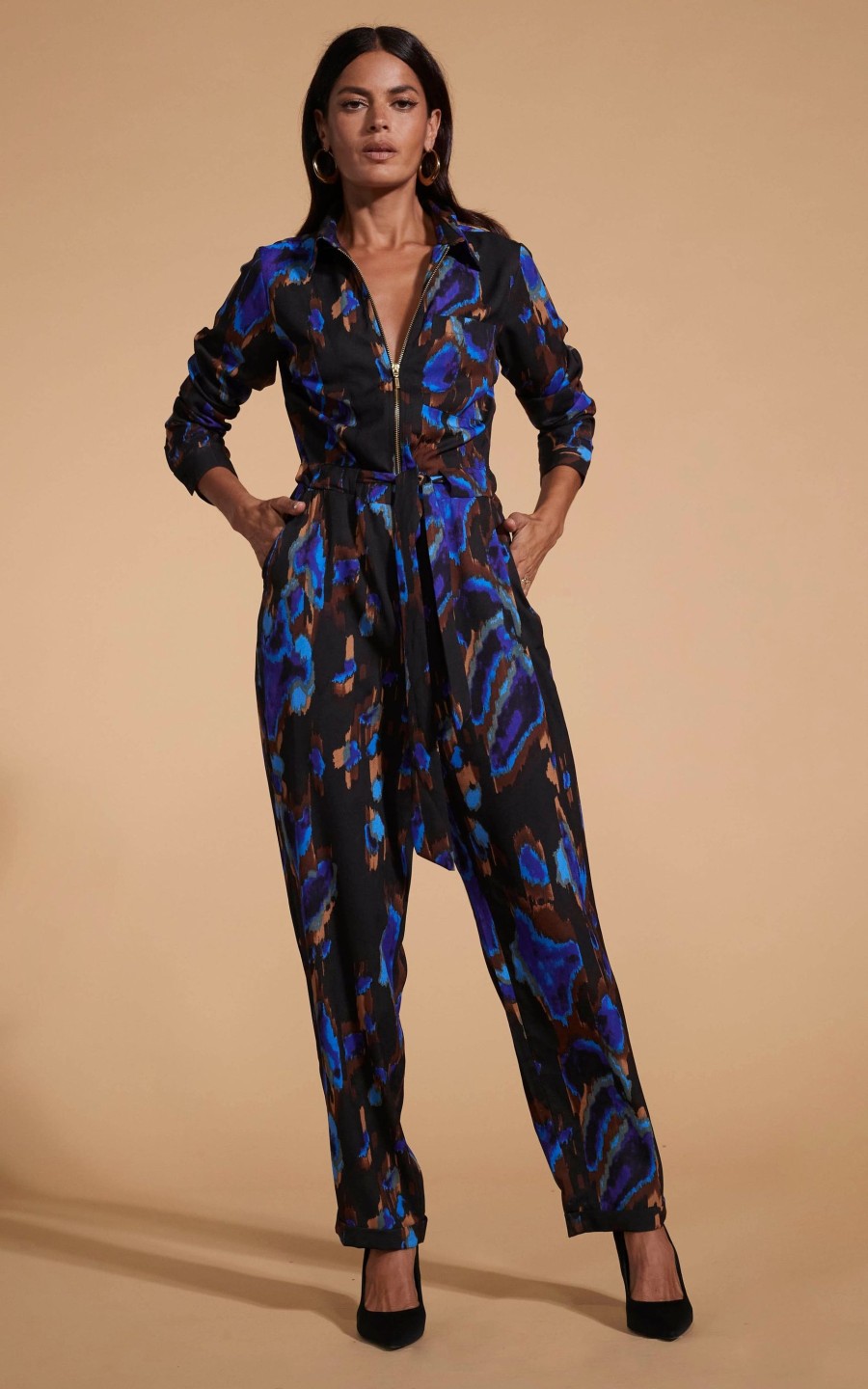 Dancing Leopard Roxanna Zip Jumpsuit In Camo Abstract Blue On Black